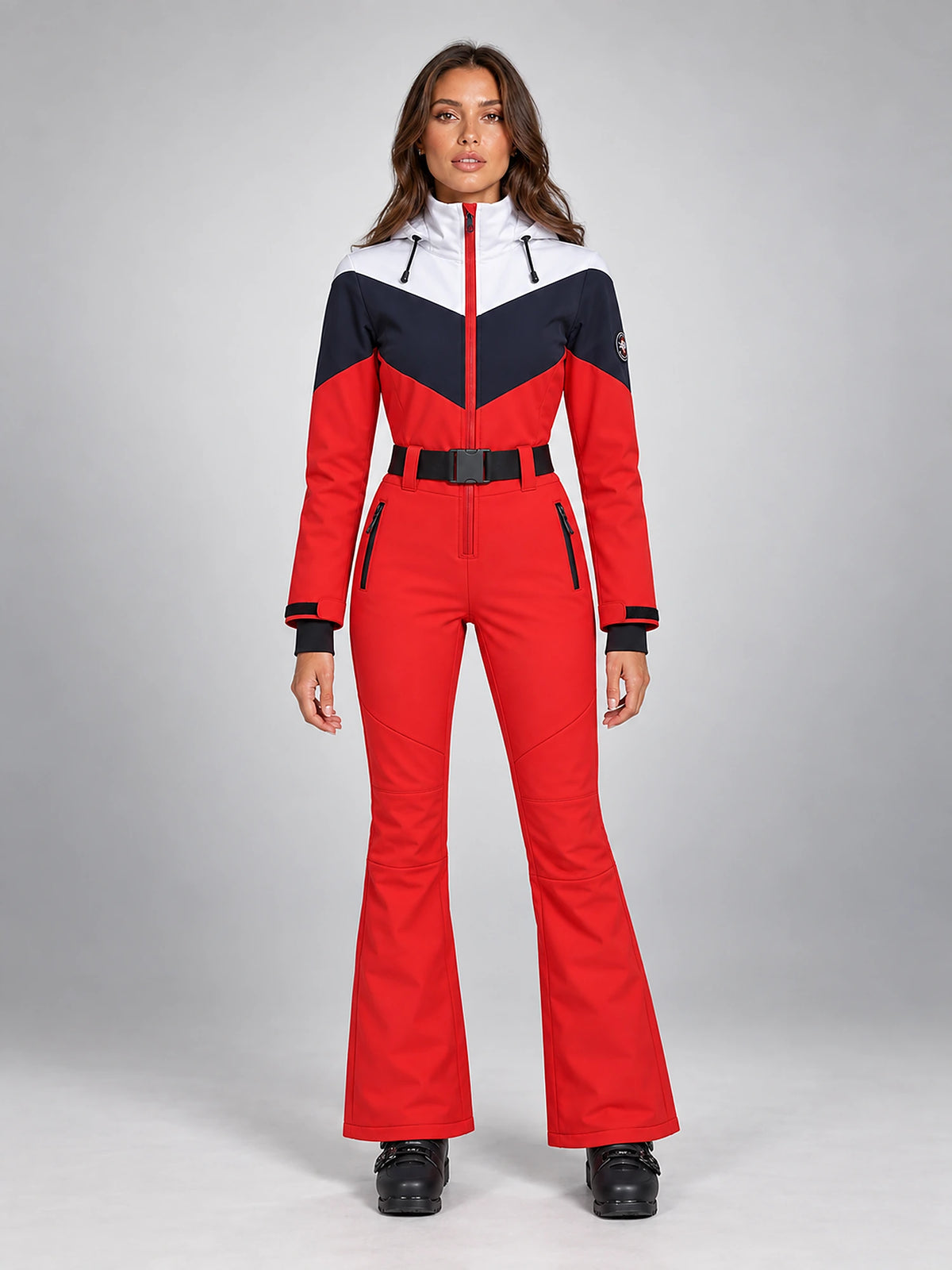 Women's One-Piece Ski Suit – Snowboard Jumpsuit in Red/Navy/White — front view