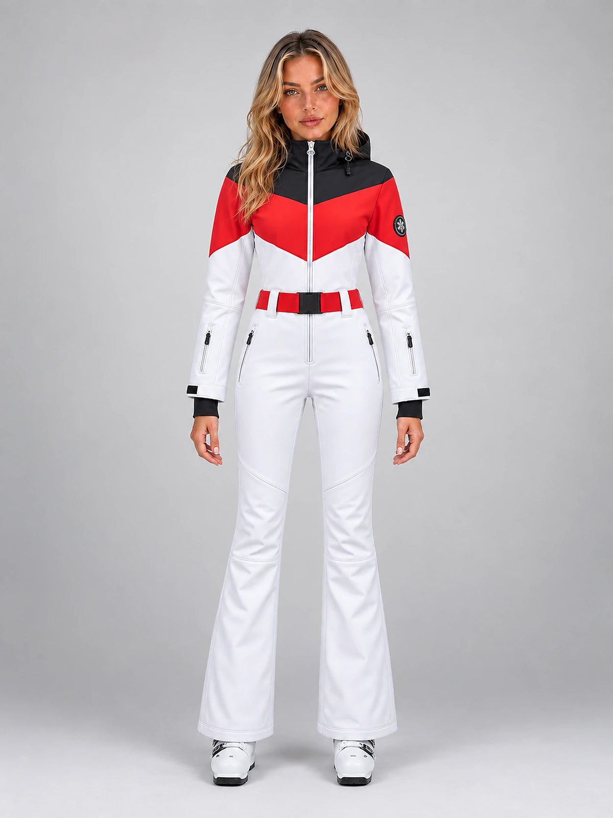 Women's One-Piece Ski Suit – Snowboard Jumpsuit in White/Red/Black — front view