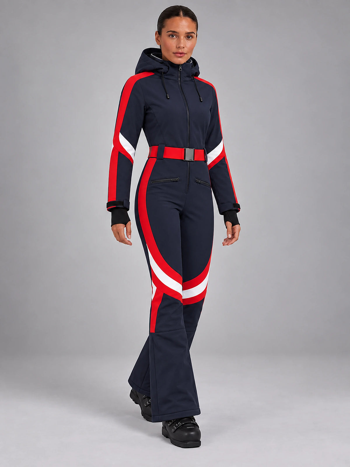 Women's One-Piece Ski Suit – Snowboard Jumpsuit in Navy/Red Stripe — alternate view