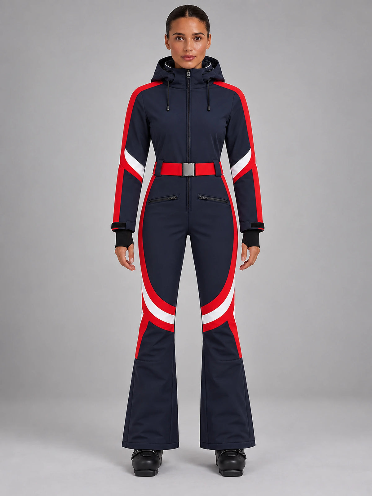 Women's One-Piece Ski Suit – Snowboard Jumpsuit in Navy/Red Stripe — front view