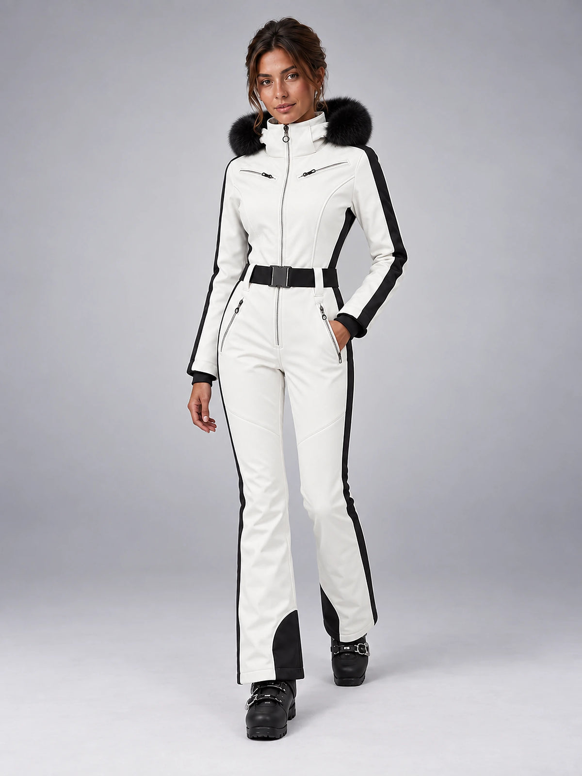 Women's One-Piece Ski Suit – Snowboard Jumpsuit in White/Black — alternate view