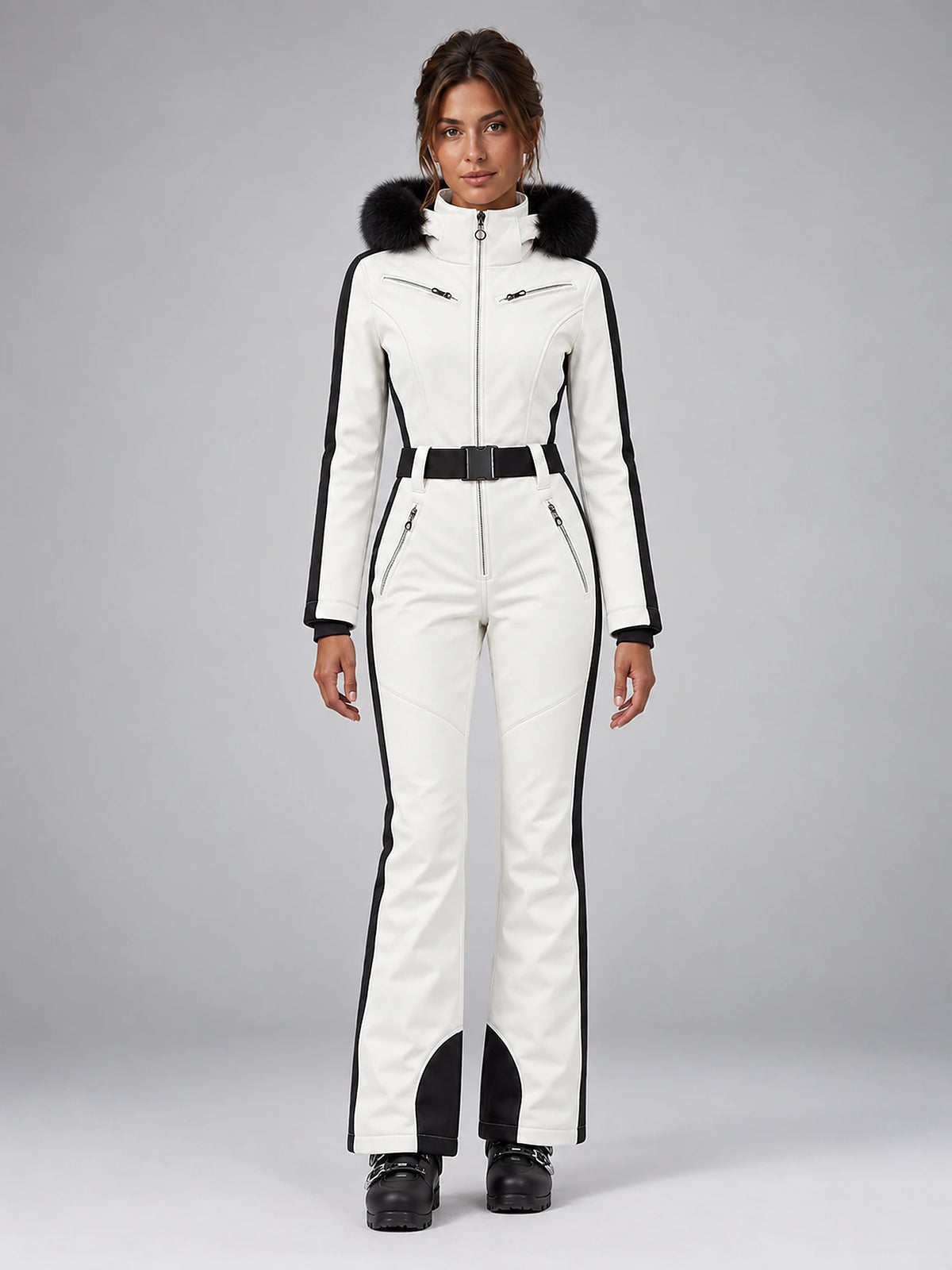 Women's One-Piece Ski Suit – Snowboard Jumpsuit in White/Black — front view