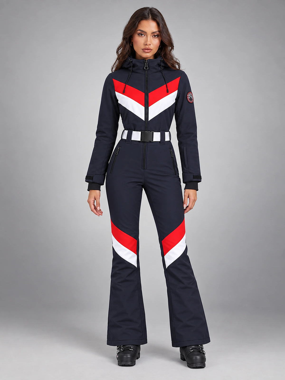 Women's One-Piece Ski Suit – Snowboard Jumpsuit in Navy Chevron — front view