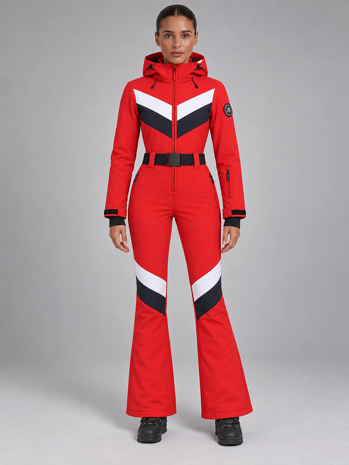 Women's One-Piece Ski Suit – Snowboard Jumpsuit in Red Chevron — front view