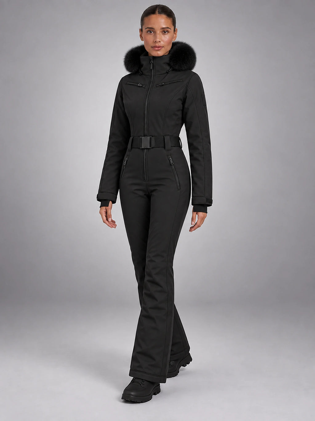 Women's One-Piece Ski Suit – Snowboard Jumpsuit in Black Trimmed Hood — alternate view