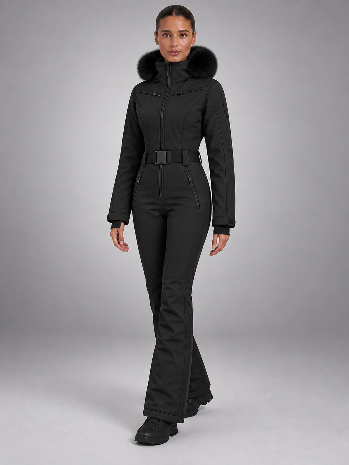 Women's One-Piece Ski Suit – Snowboard Jumpsuit in Black Trimmed Hood — alternate view