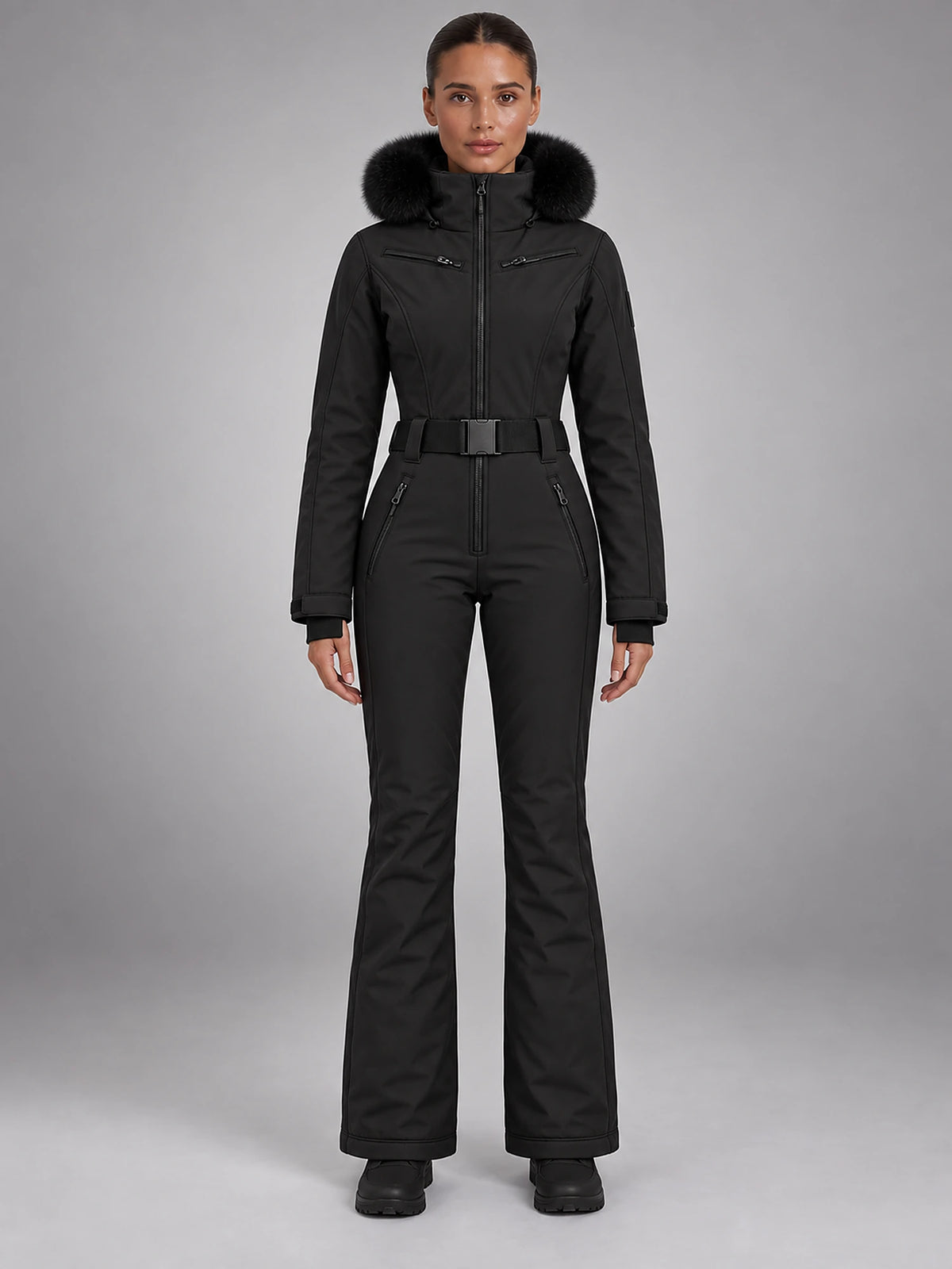Women's One-Piece Ski Suit – Snowboard Jumpsuit in Black Trimmed Hood — front view