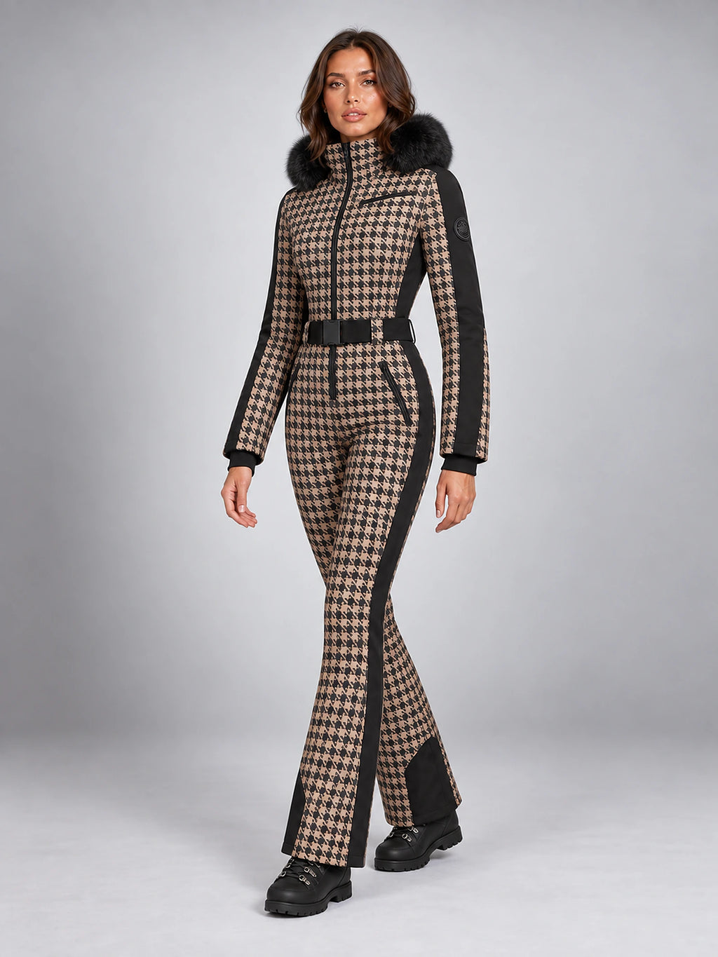 Women's One-Piece Ski Suit – Snowboard Jumpsuit in Brown Check — alternate view
