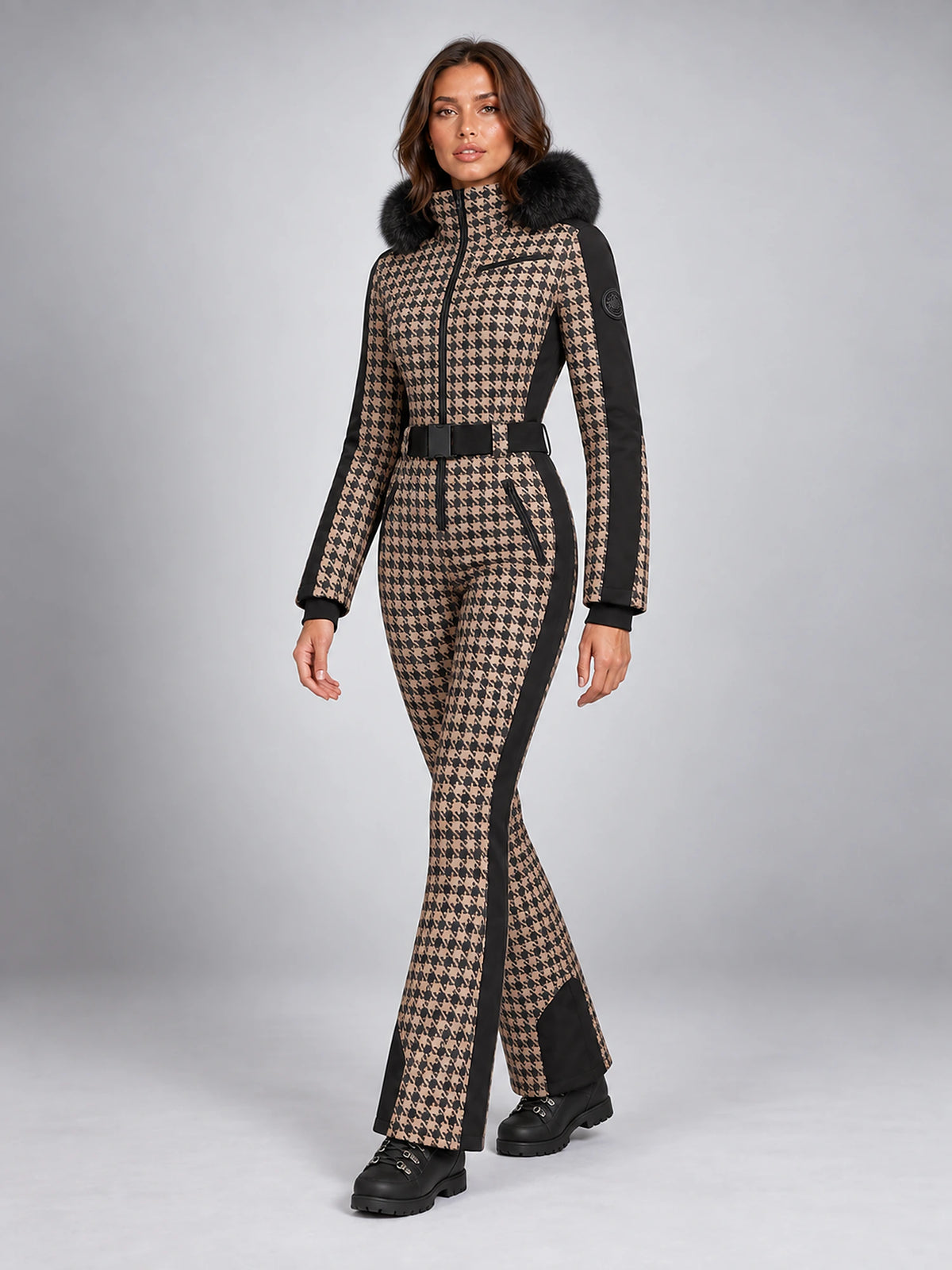 Women's One-Piece Ski Suit – Snowboard Jumpsuit in Brown Check — alternate view