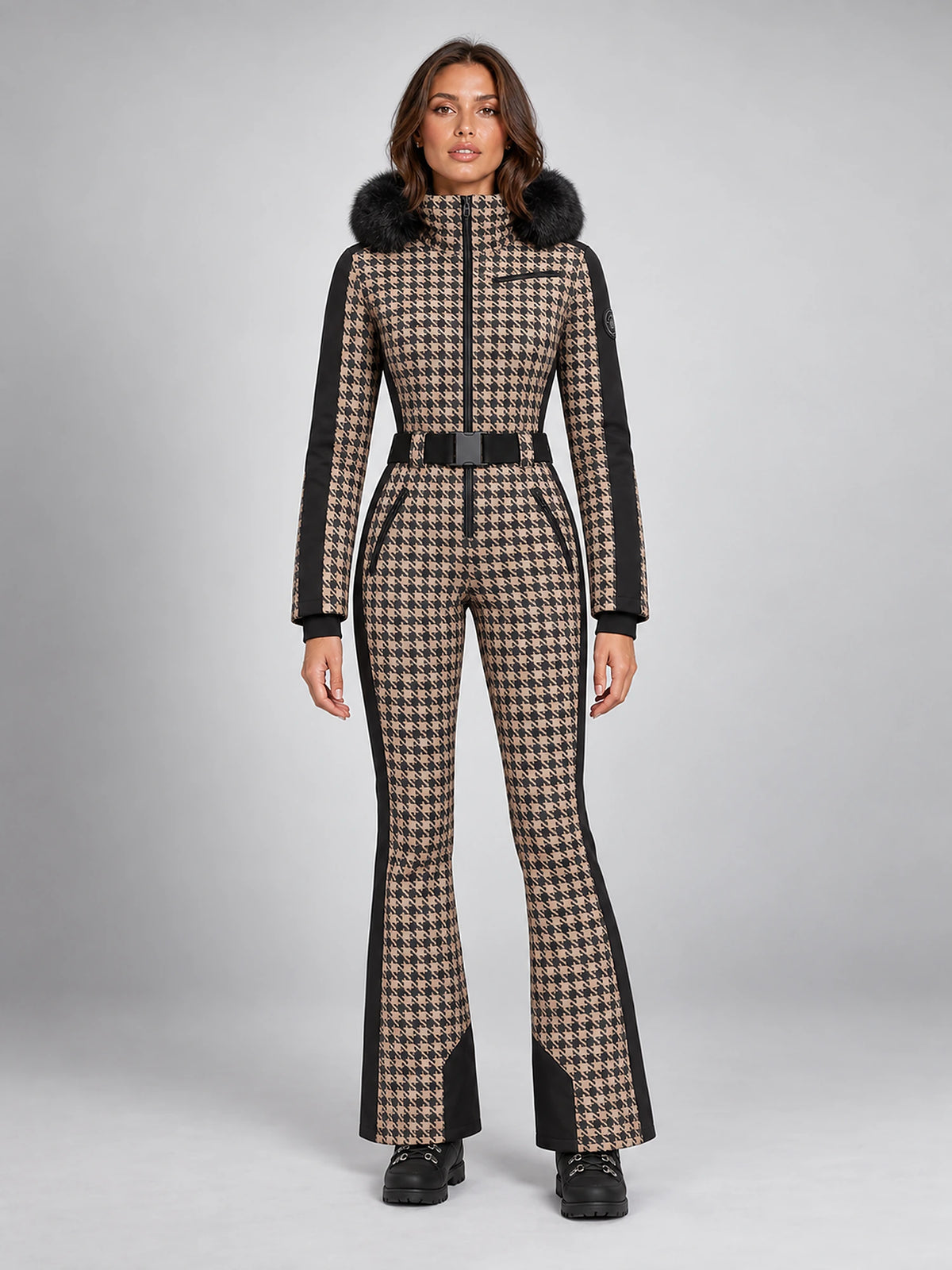 Women's One-Piece Ski Suit – Snowboard Jumpsuit in Brown Check — front view