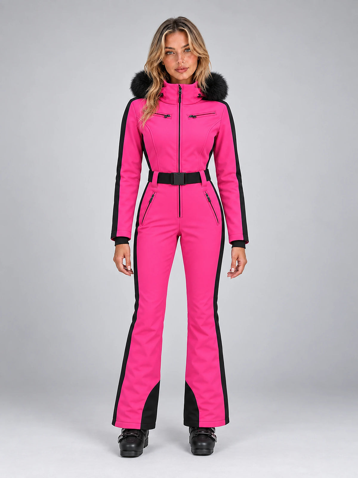 Women's One-Piece Ski Suit – Snowboard Jumpsuit in Hot Pink/Black — front view