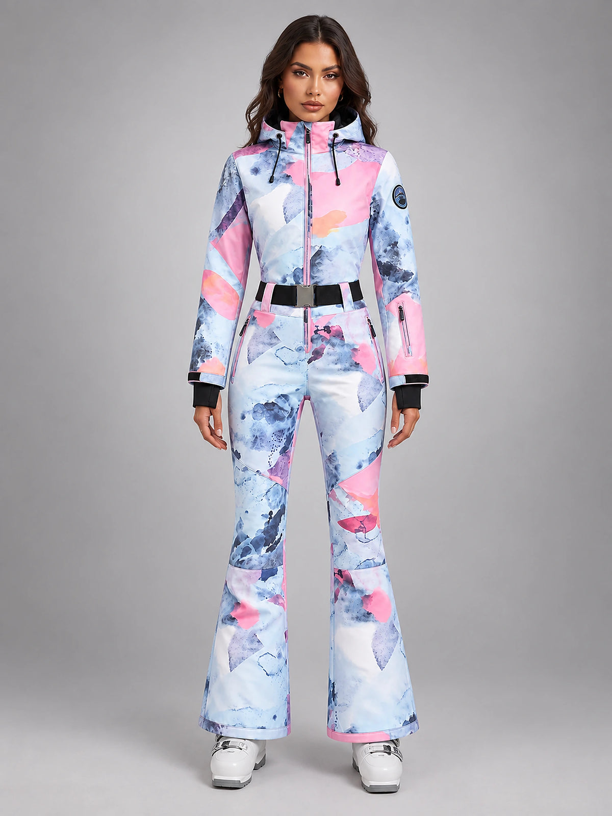 Women's One-Piece Ski Suit – Snowboard Jumpsuit in Pastel Print — front view