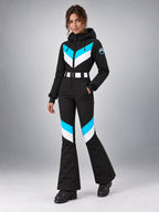 Women's One-Piece Ski Suit – Snowboard Jumpsuit in Black/Turquoise Chevron — alternate view