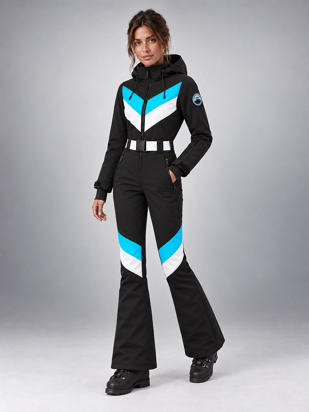 Women's One-Piece Ski Suit – Snowboard Jumpsuit in Black/Turquoise Chevron — alternate view