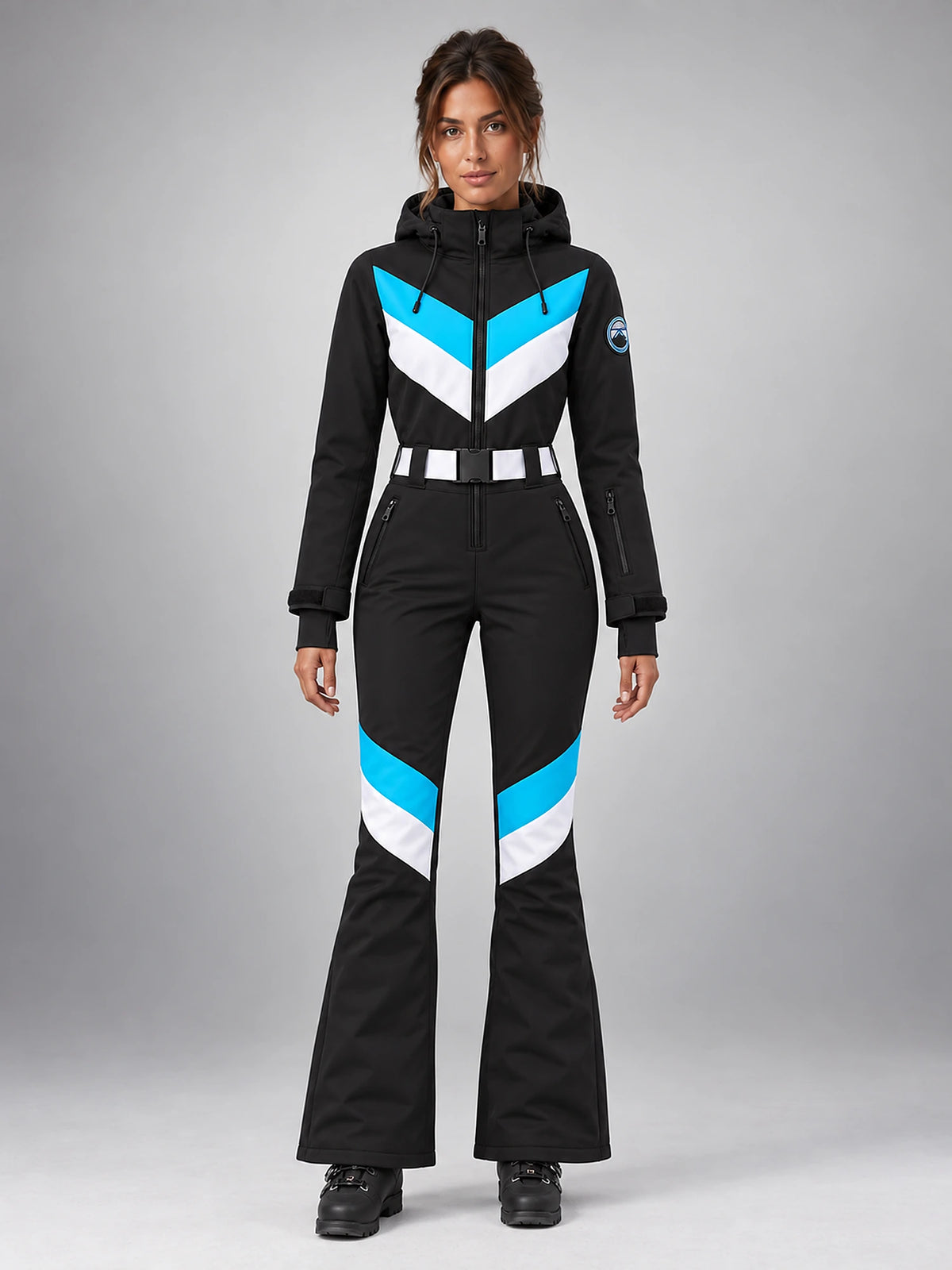 Women's One-Piece Ski Suit – Snowboard Jumpsuit in Black/Turquoise Chevron — front view
