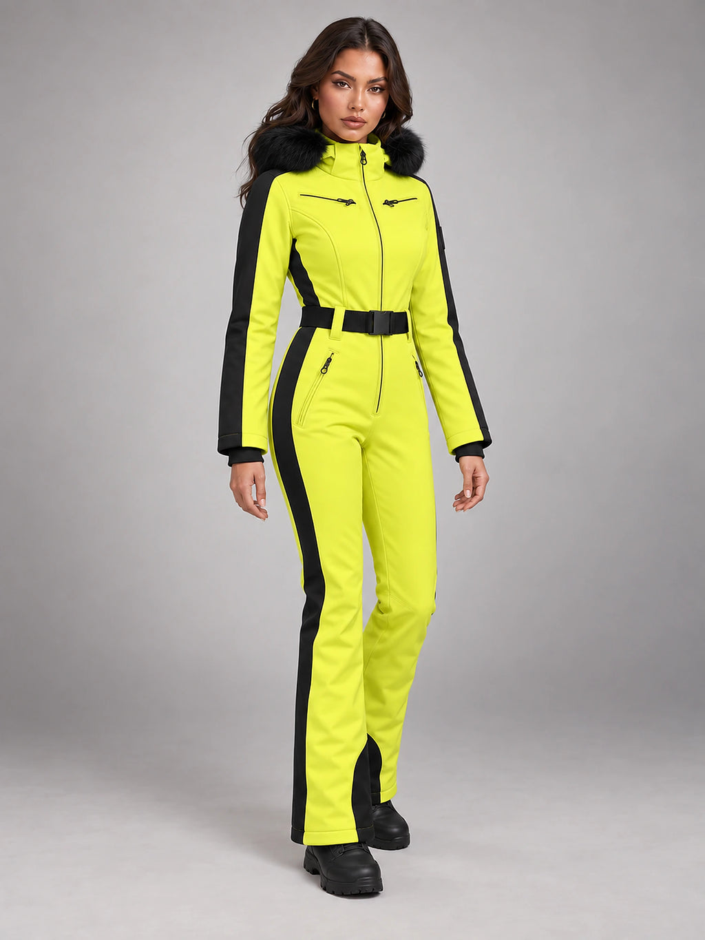 Women's One-Piece Ski Suit – Snowboard Jumpsuit in Neon Yellow/Black — alternate view