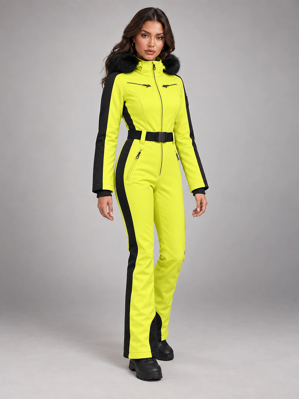 Women's One-Piece Ski Suit – Snowboard Jumpsuit in Neon Yellow/Black — alternate view