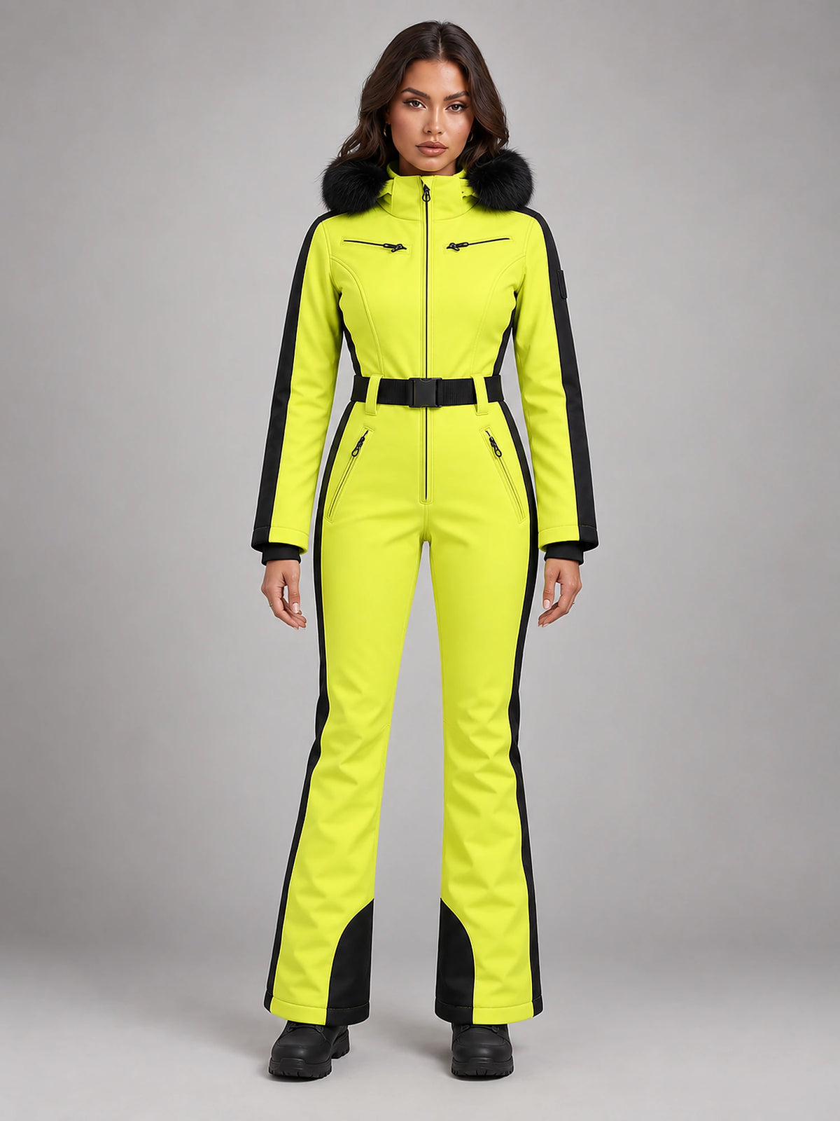 Women's One-Piece Ski Suit – Snowboard Jumpsuit in Neon Yellow/Black — front view