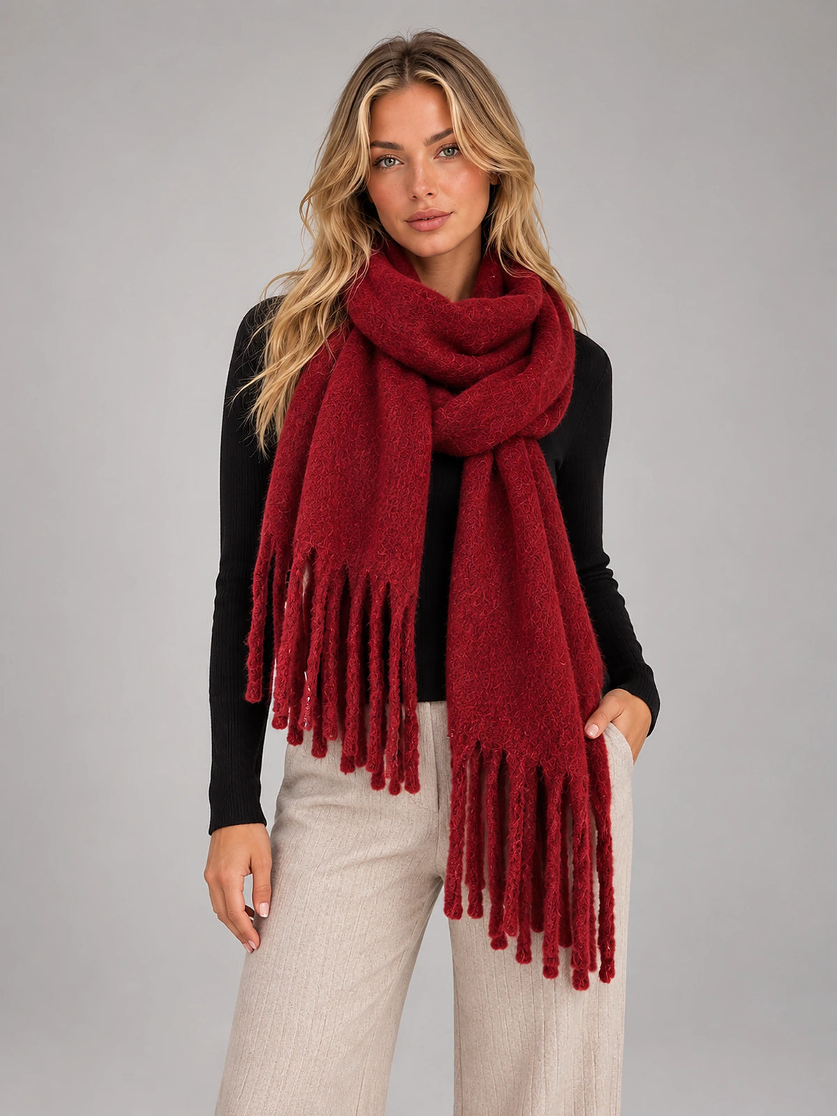 Women's Oversized Blanket Scarf – Tassel Wrap Shawl in Burgundy — front view