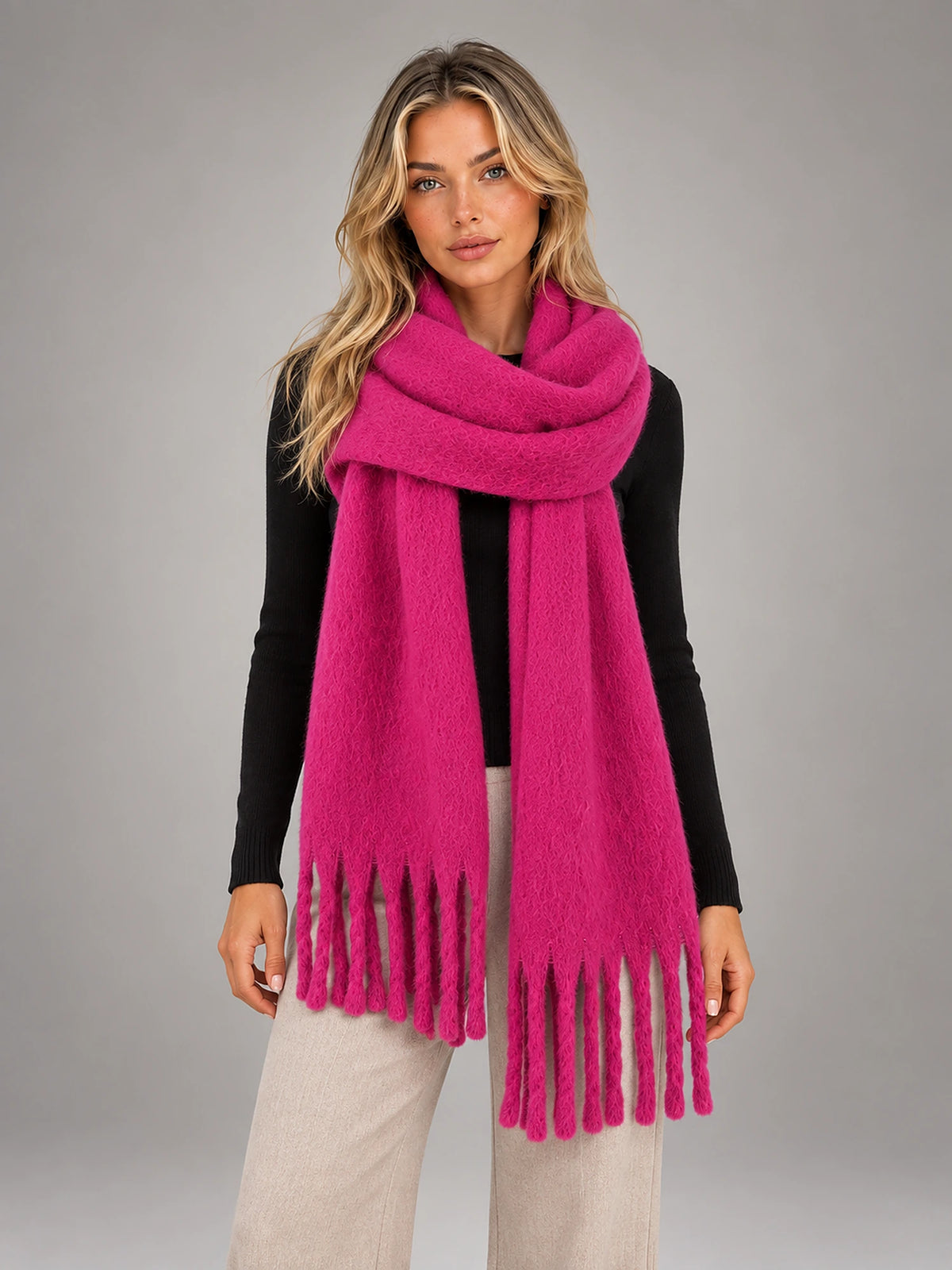 Women's Oversized Blanket Scarf – Tassel Wrap Shawl in Fuchsia — front view