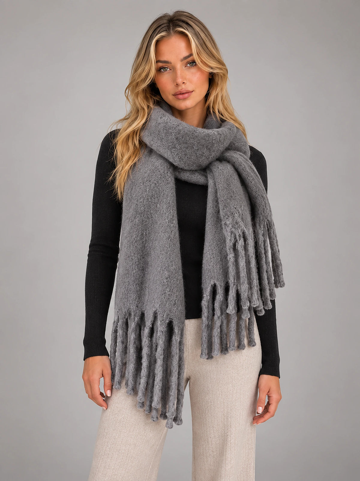 Women's Oversized Blanket Scarf – Tassel Wrap Shawl in Grey — front view