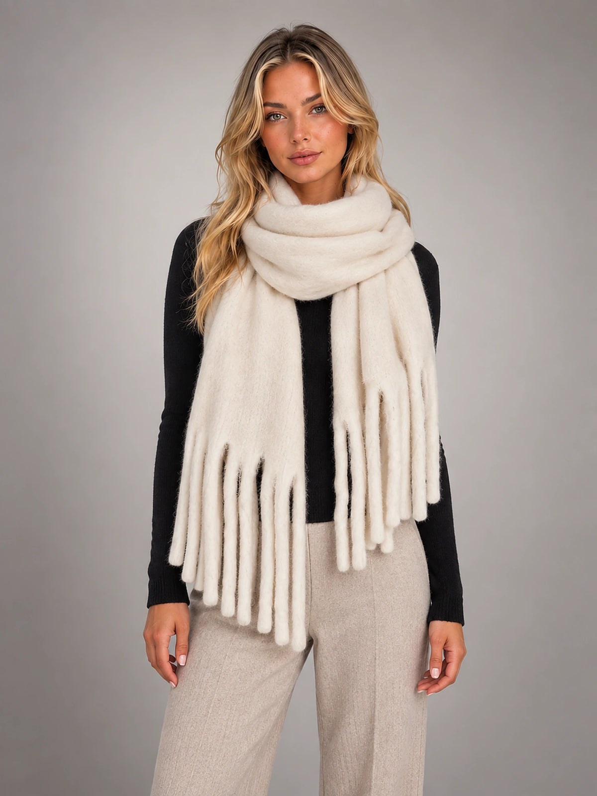 Women's Oversized Blanket Scarf – Tassel Wrap Shawl in Ivory — front view
