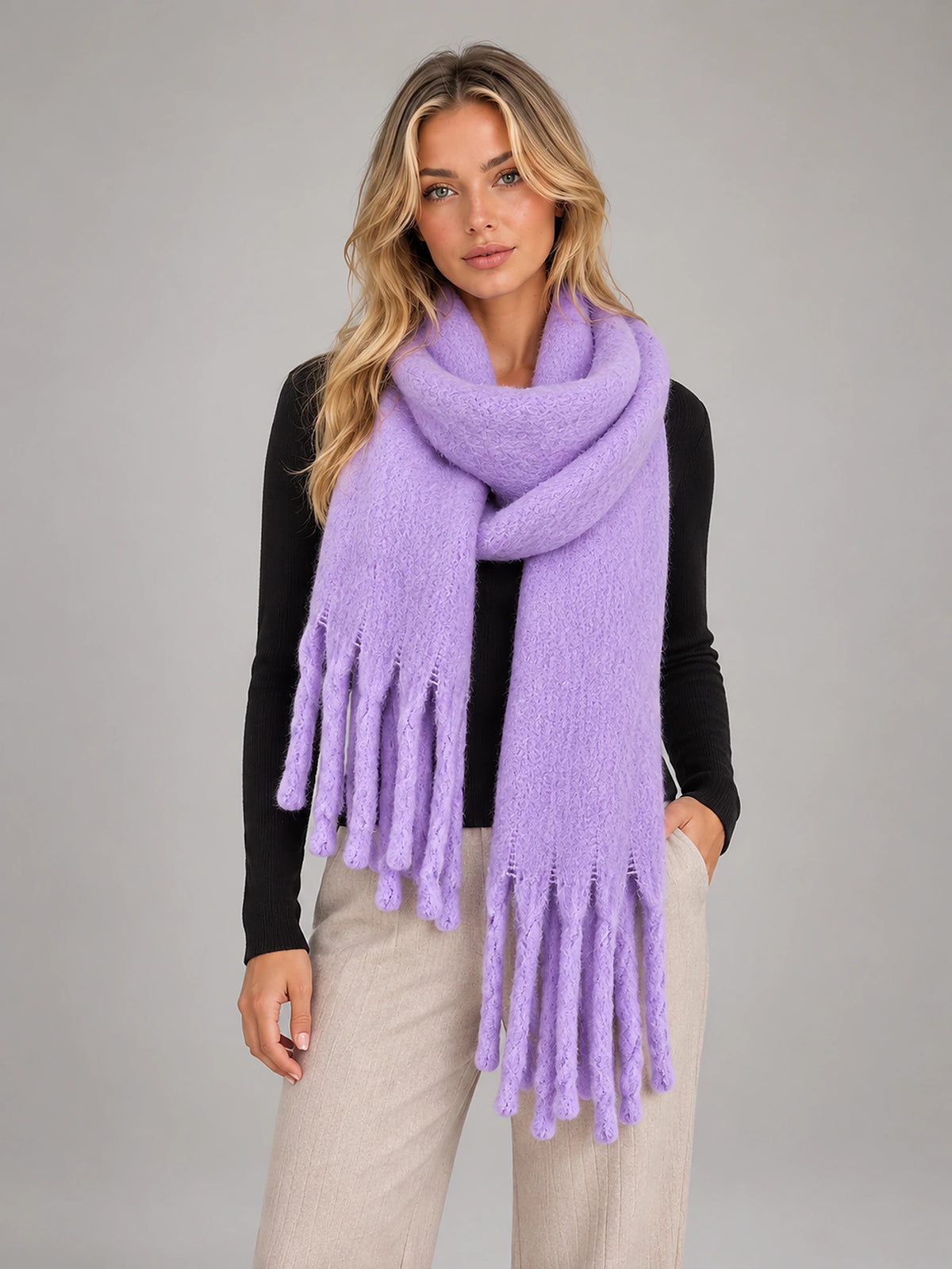 Women's Oversized Blanket Scarf – Tassel Wrap Shawl in Lavender — front view