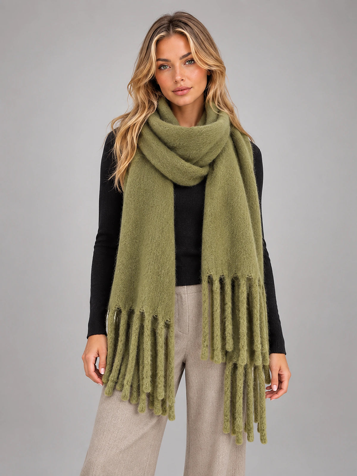 Women's Oversized Blanket Scarf – Tassel Wrap Shawl in Olive — front view