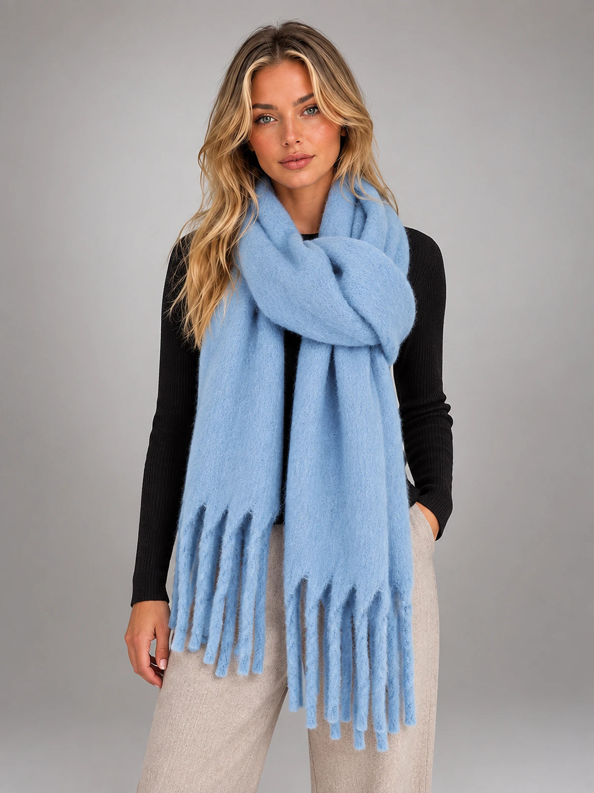 Women's Oversized Blanket Scarf – Tassel Wrap Shawl in Powder Blue — front view