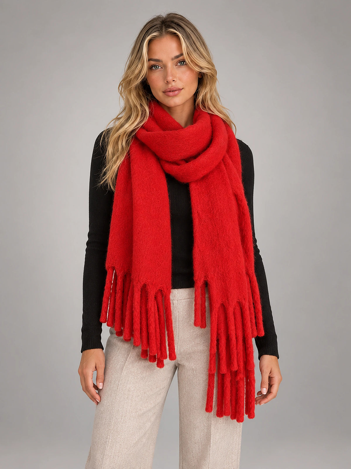 Women's Oversized Blanket Scarf – Tassel Wrap Shawl in Red — front view