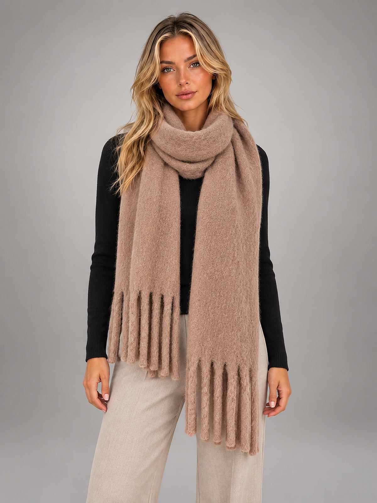 Women's Oversized Blanket Scarf – Tassel Wrap Shawl in Taupe — front view