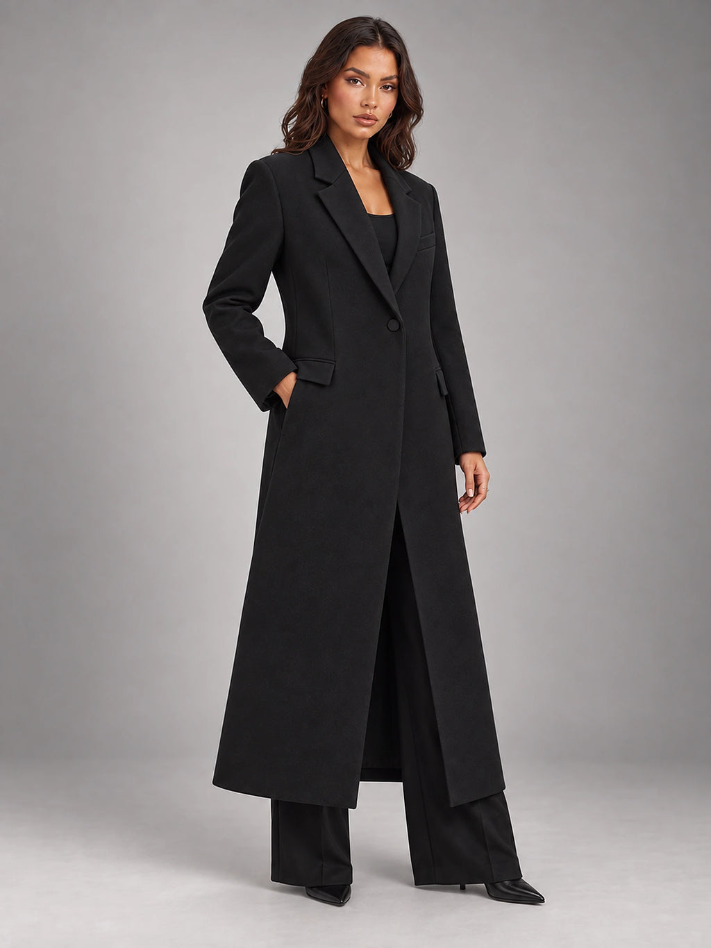 Women's Oversized Longline Coat – Single Button Notch Lapel in Black — alternate view