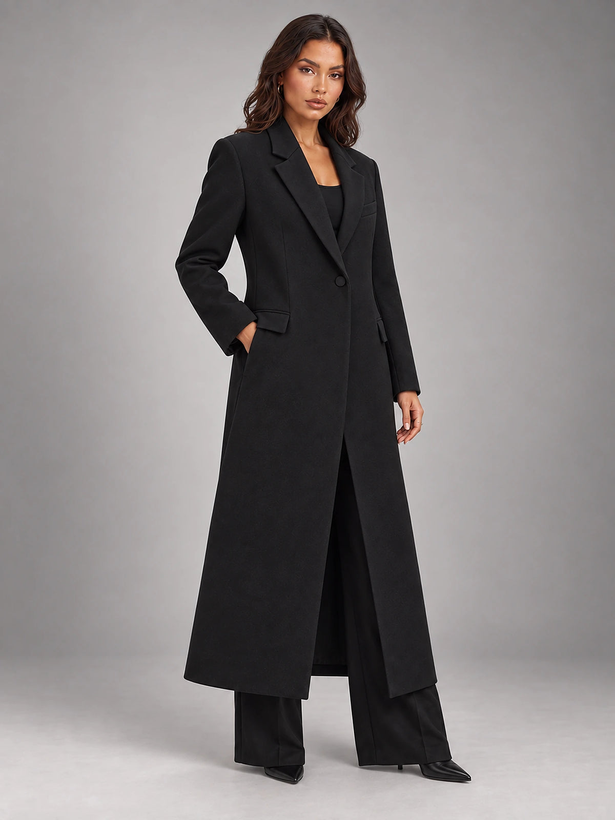 Women's Oversized Longline Coat – Single Button Notch Lapel in Black — alternate view
