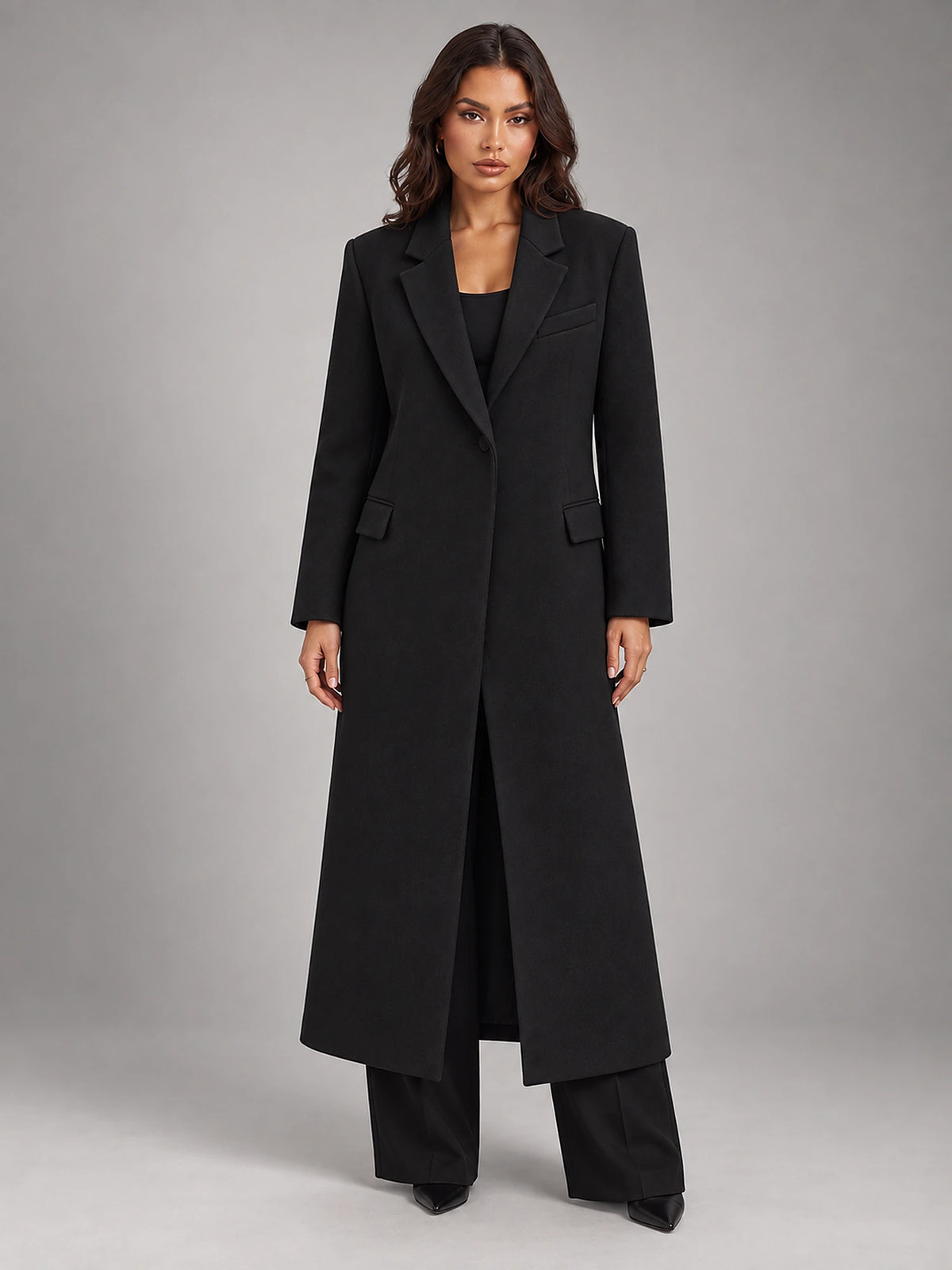 Women's Oversized Longline Coat – Single Button Notch Lapel in Black — front view