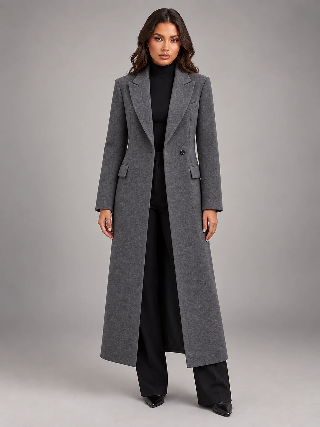 Women's Oversized Longline Coat – Single Button Notch Lapel in Grey Brown — front view