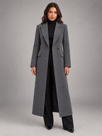 Women's Oversized Longline Coat – Single Button Notch Lapel in Grey Brown — front view