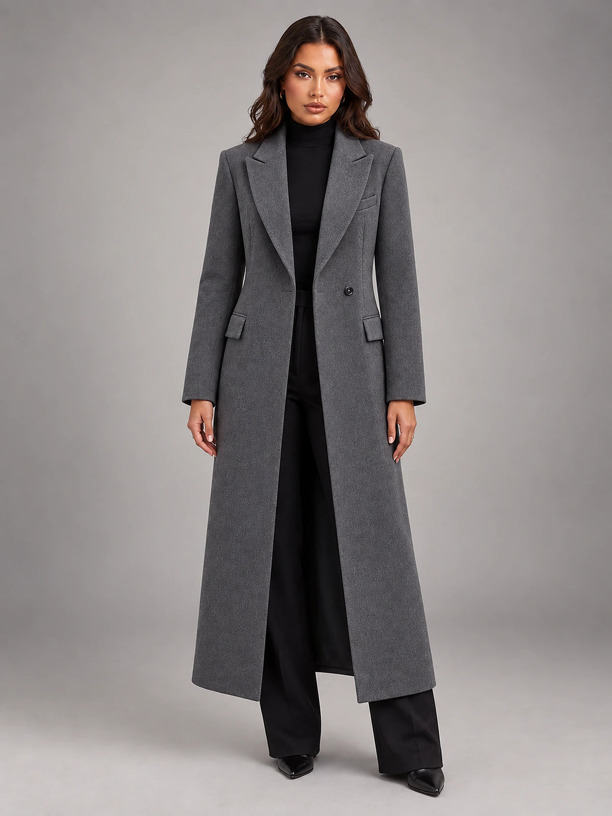 Women's Oversized Longline Coat – Single Button Notch Lapel in Grey Brown — front view