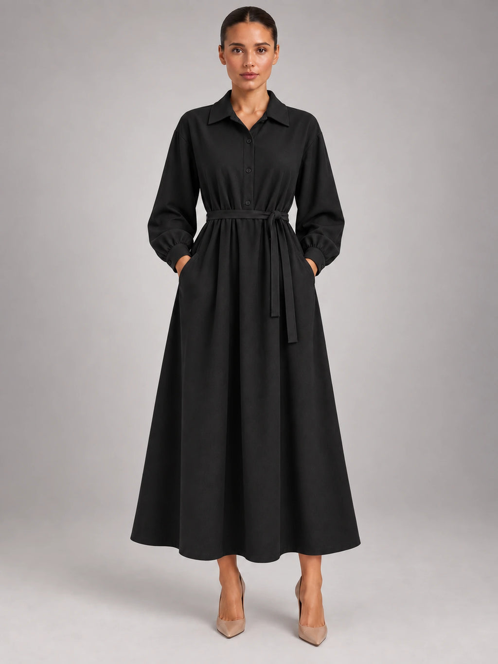 Women's Oversized Shirt Dress – Long Sleeve Midi in Black — front view