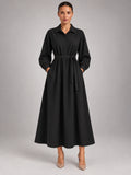 Women's Oversized Shirt Dress – Long Sleeve Midi in Black — front view