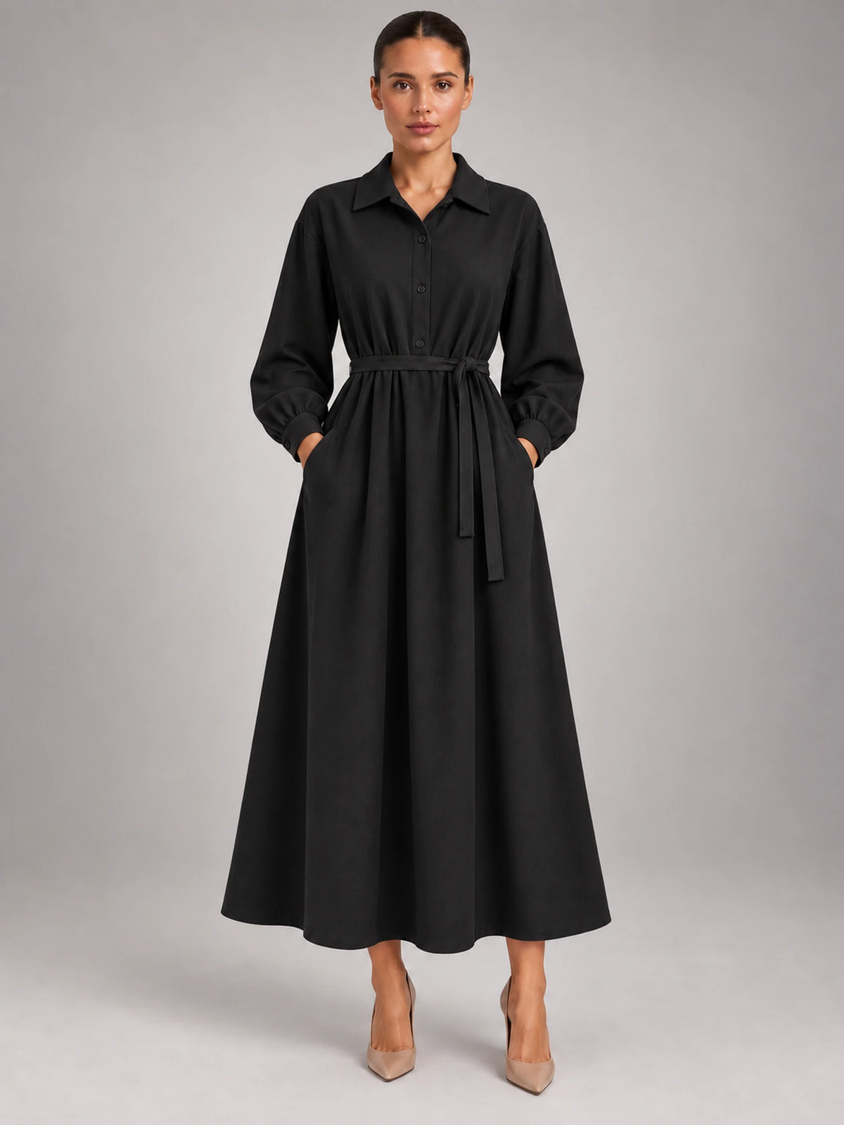 Women's Oversized Shirt Dress – Long Sleeve Midi in Black — front view