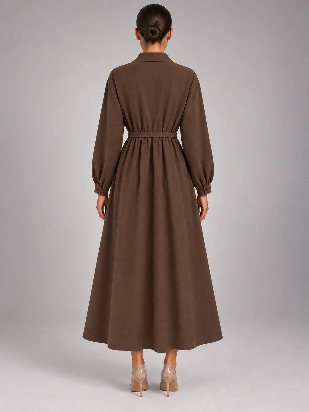 Women's Oversized Shirt Dress – Long Sleeve Midi in Coffee — back view