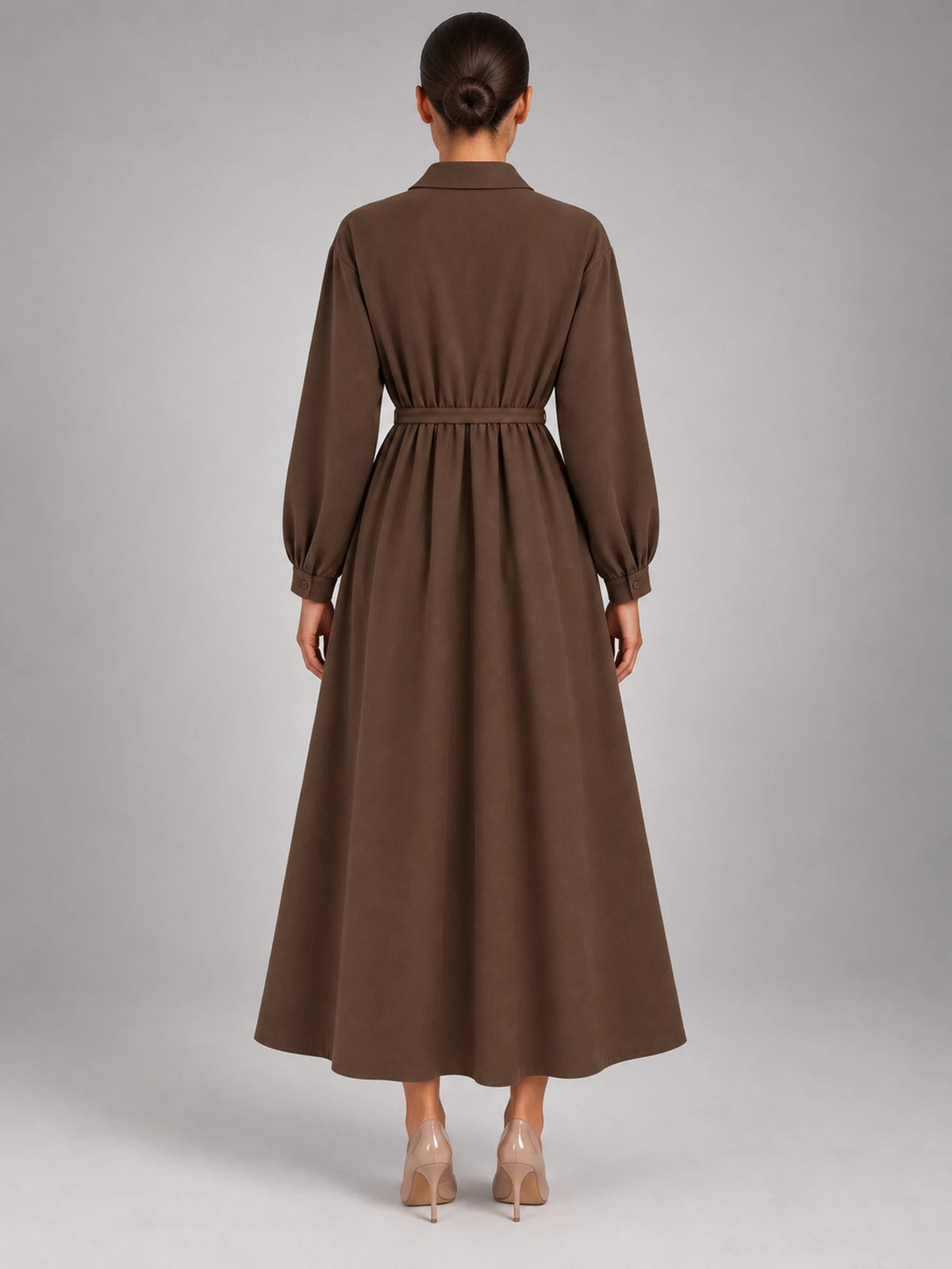 Women's Oversized Shirt Dress – Long Sleeve Midi in Coffee — back view