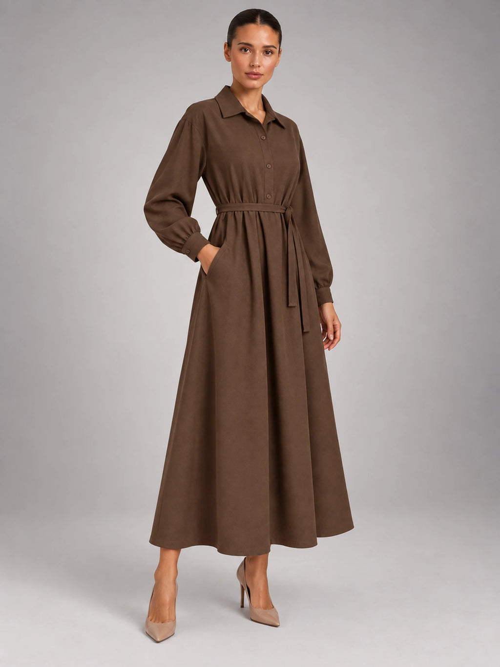 Women's Oversized Shirt Dress – Long Sleeve Midi in Coffee — alternate view
