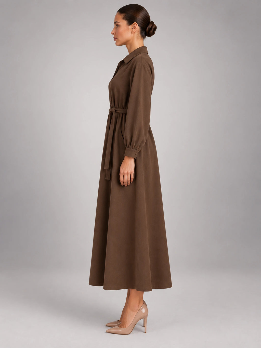 Women's Oversized Shirt Dress – Long Sleeve Midi in Coffee — side view