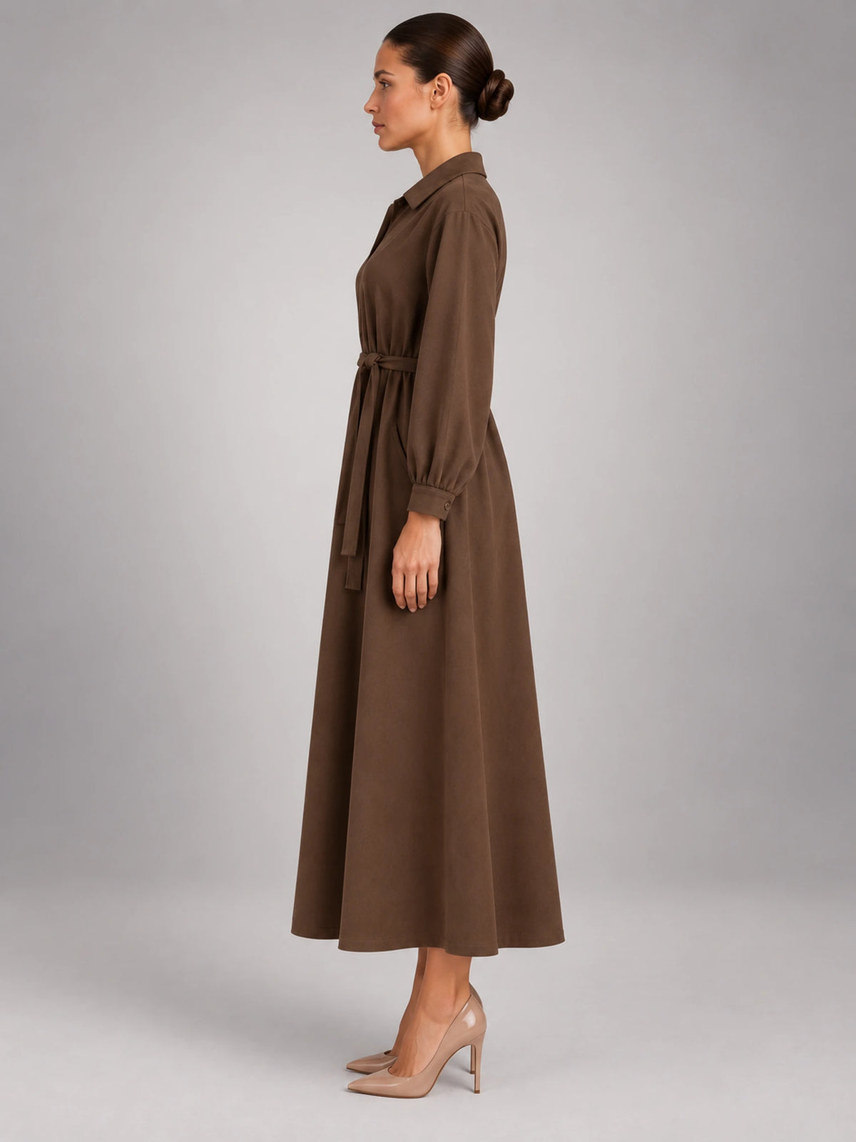 Women's Oversized Shirt Dress – Long Sleeve Midi in Coffee — side view
