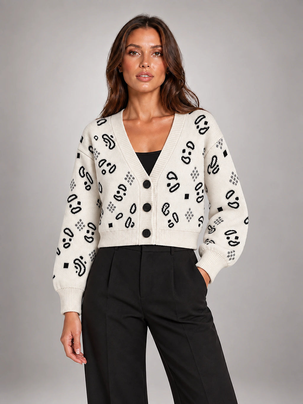Women's Paisley Jacquard Cardigan – Fringe Trim Cropped in Apricot — alternate view