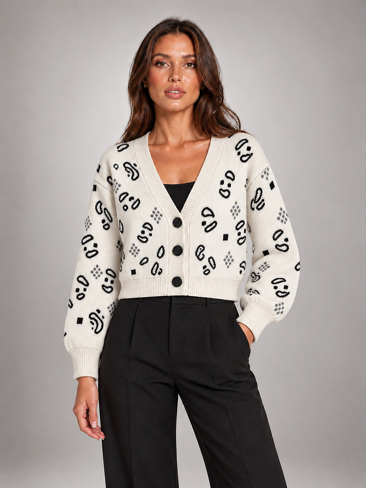 Women's Paisley Jacquard Cardigan – Fringe Trim Cropped in Apricot — alternate view