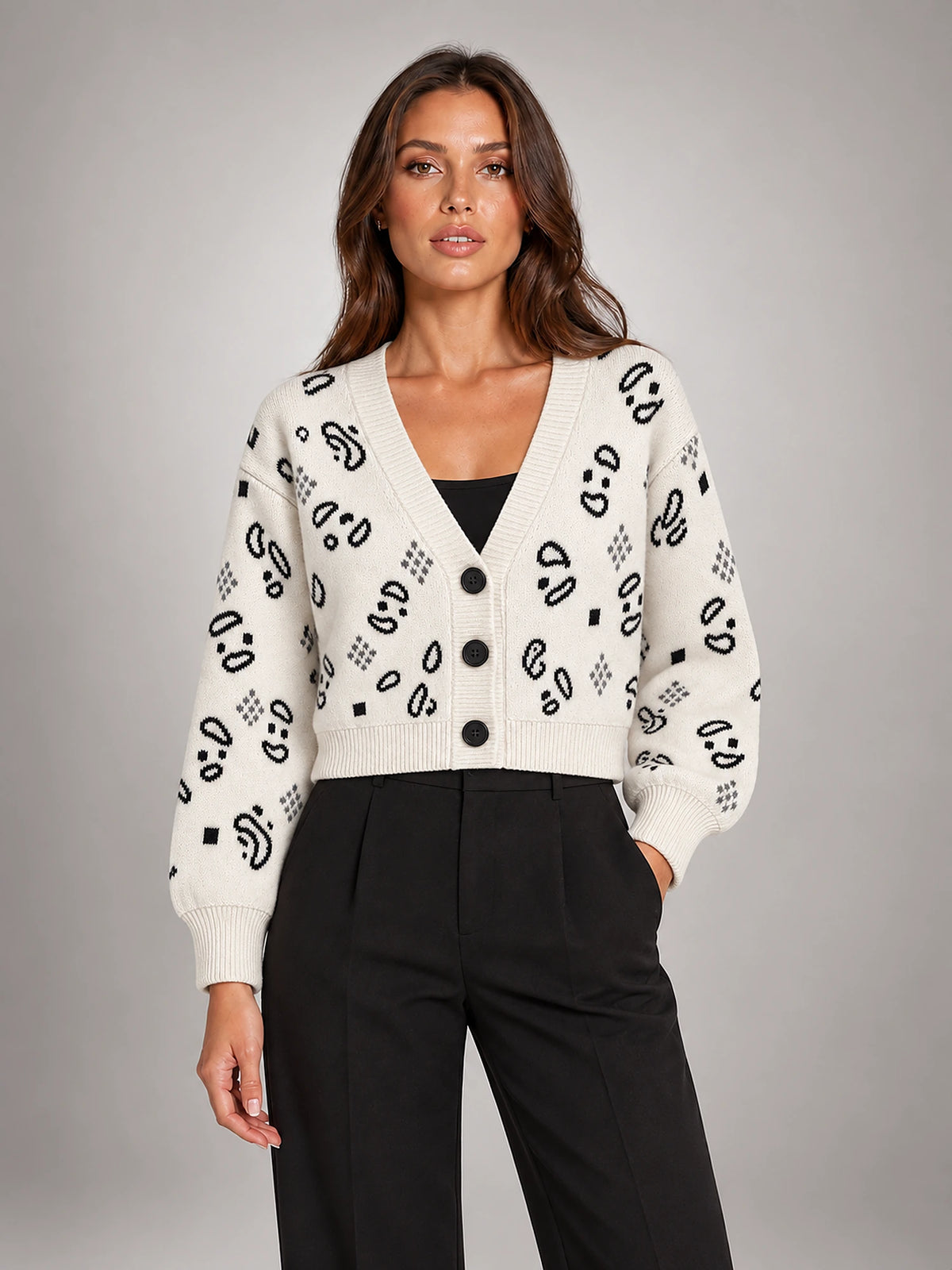 Women's Paisley Jacquard Cardigan – Fringe Trim Cropped in Apricot — front view