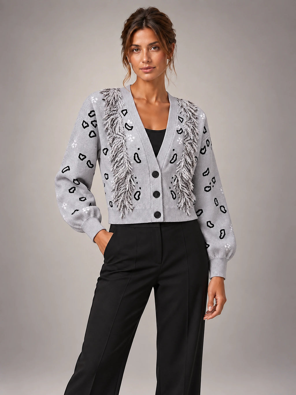 Women's Paisley Jacquard Cardigan – Fringe Trim Cropped in Grey — alternate view