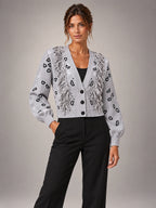 Women's Paisley Jacquard Cardigan – Fringe Trim Cropped in Grey — alternate view